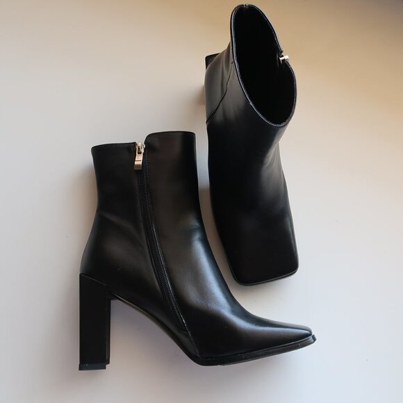 Black Square Toe Real Leather Block Heel Booties - Picture 5 of 10